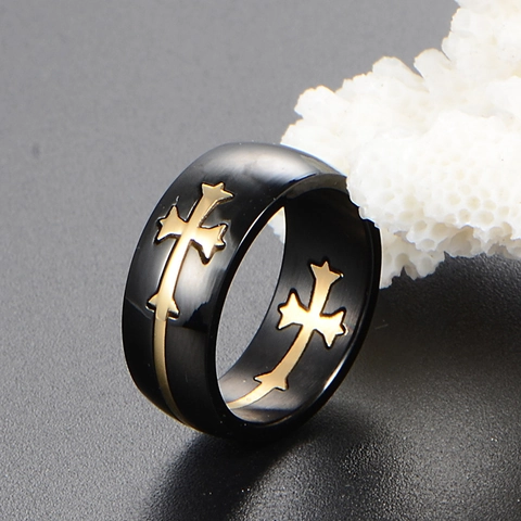 Gothic Stainless Steel Cross Band Ring For Men Black Gold Electroplated Religious Cross Pattern Fashion Jewelry Accessory