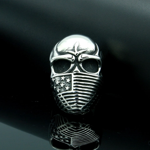Stainless Steel Skull Ring American Flag Mask Design Punk Rock Biker Gothic Polished Finish Men Finger Jewelry Biker Ring