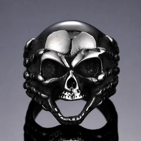 Gothic Skull Ring For Men Titanium Steel Punk Skeleton Hand Biker Ring Vintage Polished Dominating Jewelry Accessories Gift