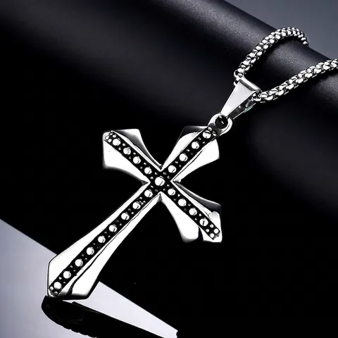 Collana con Ciondolo a Croce in Acciaio Inossidabile Retro da Uomo Trama Punteggiata Punk Gioielli Religiosi Stile Gotico