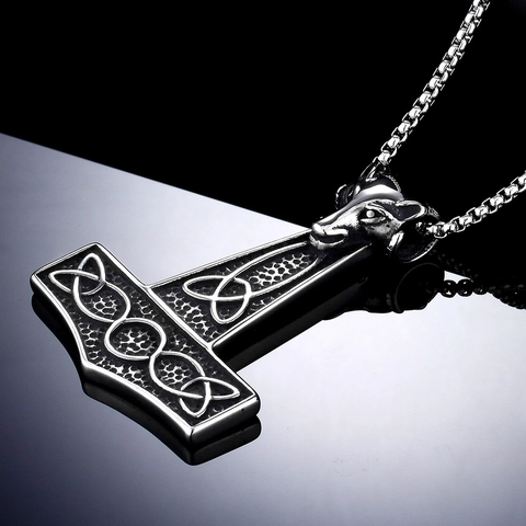 Men Viking Thor's Hammer Mjölnir Pendant Necklace Stainless Steel Wolf Goat Head Celtic Knot Punk Rock Biker Jewelry Gift