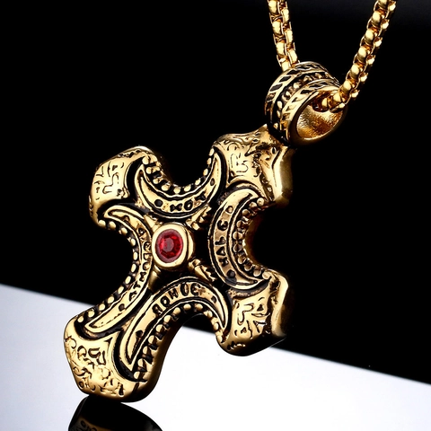 Vintage Vergoldeter Edelstahl Kreuz Anhänger Halskette Mit Roter Zirkonia Gravierter Religiöser Gotischer Schmuck Für Herren