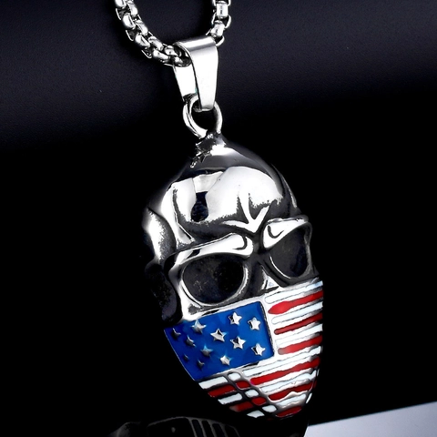 Collar de Colgante de Calavera Para Hombre Acero Inoxidable Bandera de EE. UU. Máscara Punk Rock Gótico Joyería Para Hombre