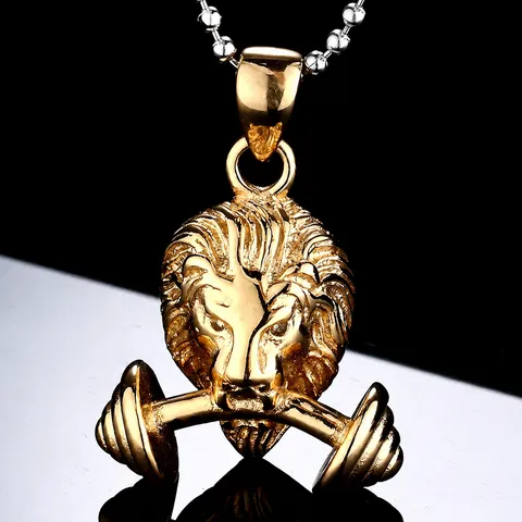 Men's Fitness Lion Head Dumbbell Pendant Necklace Stainless Steel Gold Plated Animal Hip Hop Strength Gym Jewelry Gift