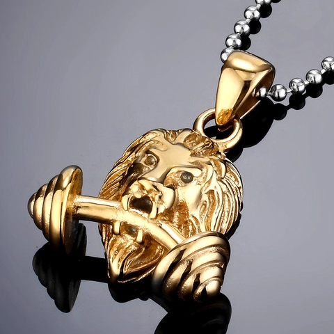 Men's Fitness Lion Head Dumbbell Pendant Necklace Stainless Steel Gold Plated Animal Hip Hop Strength Gym Jewelry Gift