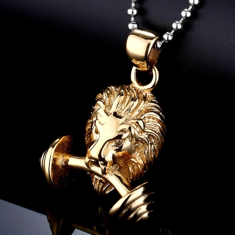 Men's Fitness Lion Head Dumbbell Pendant Necklace Stainless Steel Gold Plated Animal Hip Hop Strength Gym Jewelry Gift