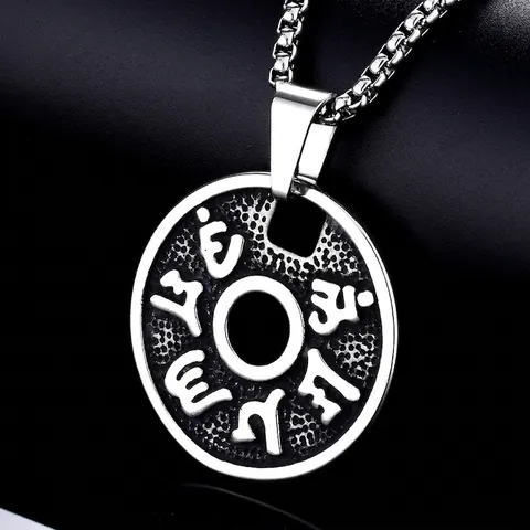Vintage Titanium Steel Six-Syllable Mantra Pendant Necklace Round Hollow Religious Symbol Jewelry For Men Daily Accessories