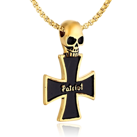 Gothic Stainless Steel Skull Iron Cross Pendant Necklace For Men Rock Punk Patriot Cross Pendant Jewelry With Artificial Pearl Chain