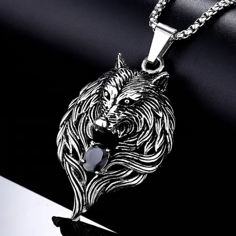 Collana con Pendente Testa di Lupo da Uomo in Acciaio Inossidabile con Zirconia Intarsiata Gioielli Retro Punk Rock con Catena Veneziana