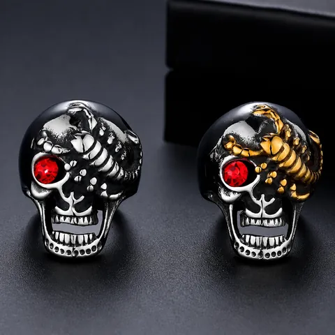 Gothic Stainless Steel Skeleton Ring Men Punk Scorpion Relief Red Eye Rhinestone Inlaid Gold Silver Biker Finger Ring Jewelry