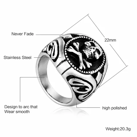 Vintage Titanium Steel Skull and Crossbones Ring for Men Punk Gothic Biker Individual Retro Polished Signet Band Ring Fashion Jewelry