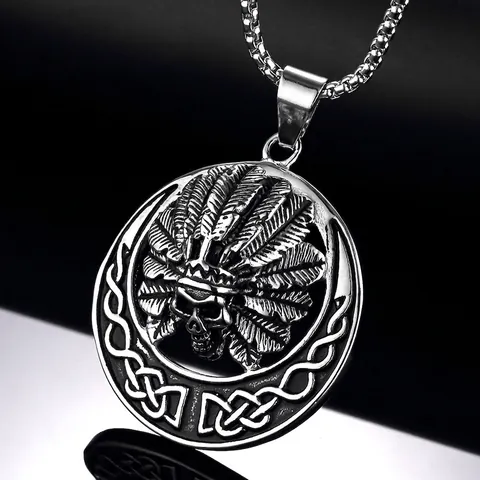 Vintage Stainless Steel Indian Chief Skull Pendant Necklace For Men Gothic Punk Tribal Celtic Knot Round Medal Necklace Jewelry