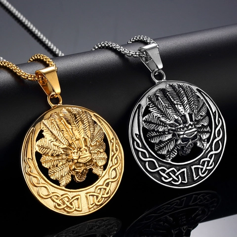 Vintage Stainless Steel Indian Chief Skull Pendant Necklace For Men Gothic Punk Tribal Celtic Knot Round Medal Necklace Jewelry