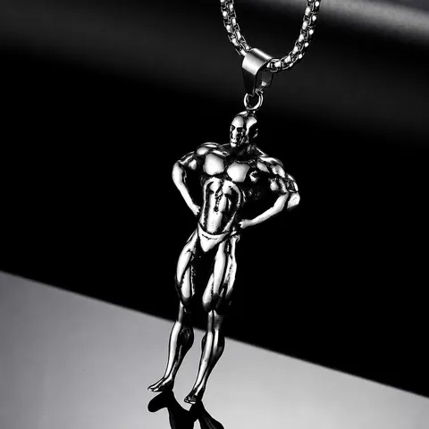 Men's Bodybuilding Muscle Man Pendant Necklace Stainless Steel Fitness Gym Strength Jewelry Box Chain For Bodybuilders Gift