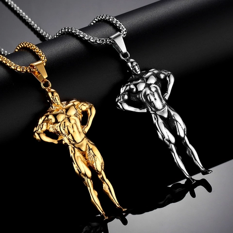 Men's Bodybuilding Muscle Man Pendant Necklace Stainless Steel Fitness Gym Strength Jewelry Box Chain For Bodybuilders Gift
