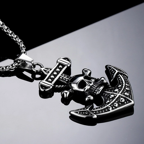 Vintage Gothic Punk Anchor Skull Pendant Necklace For Men Titanium Steel Box Chain Pirate Nautical Style Jewelry Fashion Accessory