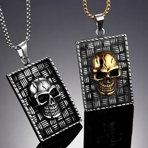Punk Rock Mens Titanium Steel Skull Square Pendant Necklace Retro Gothic Oxidized 3D Relief Square Plate Necklace For Men Jewelry