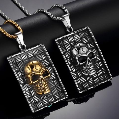 Punk Rock Mens Titanium Steel Skull Square Pendant Necklace Retro Gothic Oxidized 3D Relief Square Plate Necklace For Men Jewelry