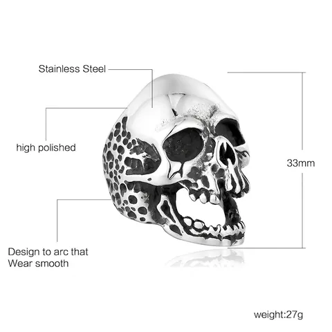 Men's Stainless Steel Skull Ring Punk Gothic Hip Hop Rock 3D Skeleton Distressed Vintage Biker Jewelry For Men Gold Black