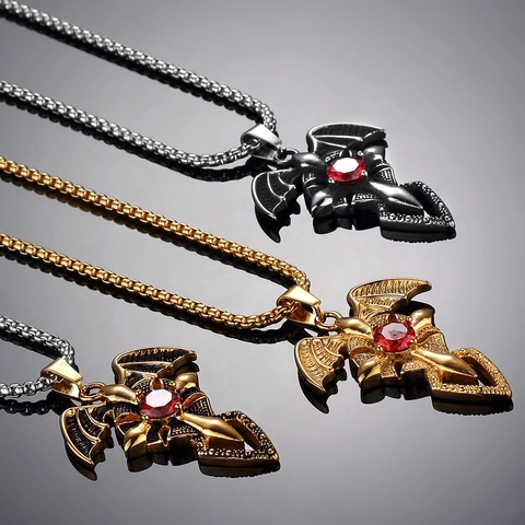 Collier Pendentif Croix Aile de Chauve-souris en Acier Titane Gothique Pour Hommes Strass Rouge Punk Bijoux Aile Diable
