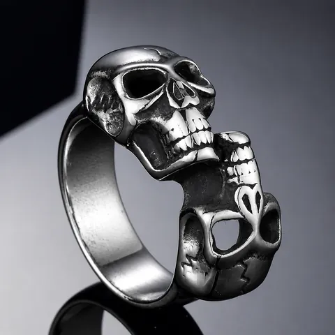 Men's Gothic Punk Double Skull Ring Stainless Steel Rhinestone Distressed Biker Ring Retro Jewelry For Men Accessory