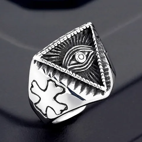 Anello in Acciaio Inossidabile 316L Retro Punk per Uomo Design Occhio Della Provvidenza e Croce Gioielli Biker Vintage
