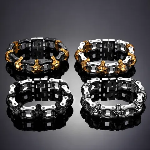 Pulsera de Cadena de Motocicleta con Calavera Punk para Hombre Acero de Titanio Pulido Eslabones Biker Joyería Gótica de Metal Pesado
