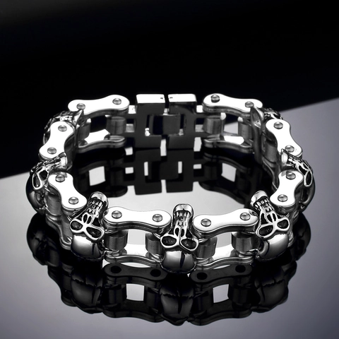 Pulsera de Cadena de Motocicleta con Calavera Punk para Hombre Acero de Titanio Pulido Eslabones Biker Joyería Gótica de Metal Pesado