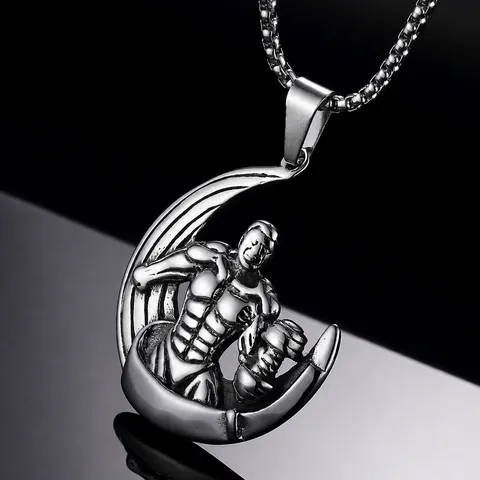 Fitness Muscle Man Pendant Necklace For Men Stainless Steel Crescent Moon Dumbbell Bodybuilding Hip Hop Jewelry Gym Gift
