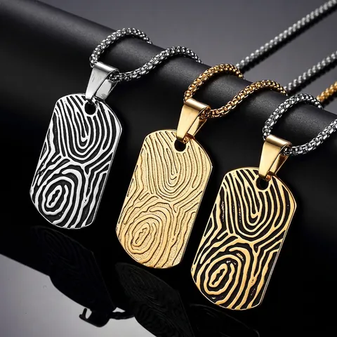 Men Titanium Steel Fingerprint Texture Military Dog Tag Pendant Necklace Punk Personalized Engraved Box Chain Hip Hop Jewelry