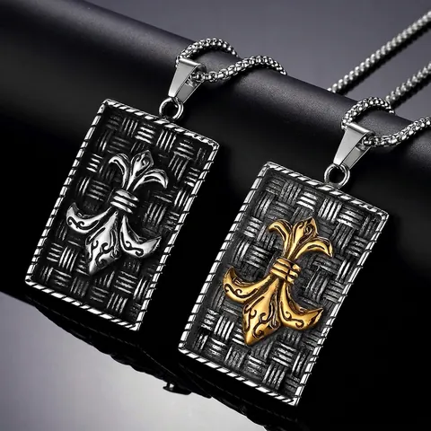Vintage Punk Rock Fleur-De-Lis Stainless Steel Pendant Necklace For Men Gothic Woven Texture Rectangle Shield Jewelry