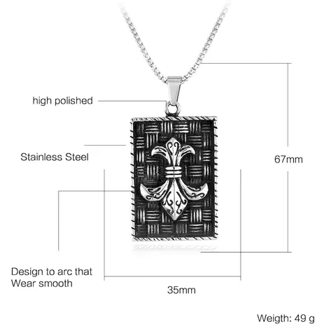 Vintage Punk Rock Fleur-De-Lis Stainless Steel Pendant Necklace For Men Gothic Woven Texture Rectangle Shield Jewelry