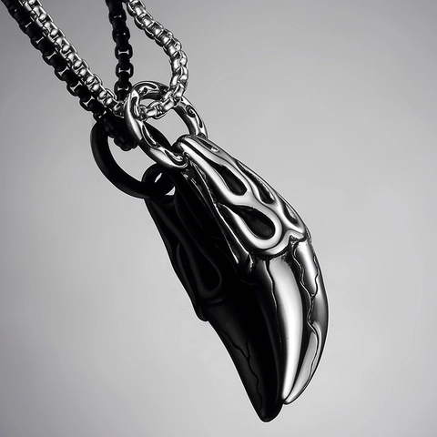 Men Punk Titanium Steel Wolf Tooth Horn Pendant Necklace Flame Pattern Polished Stainless Steel Box Chain Necklace Jewelry Gift For Men