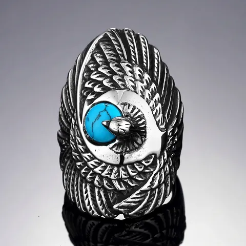 Vintage Men's Stainless Steel Eagle Ring Indian Style Retro Antique Silver Turquoise Inlaid Punk Biker Ring For Men Jewelry