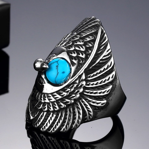 Vintage Men's Stainless Steel Eagle Ring Indian Style Retro Antique Silver Turquoise Inlaid Punk Biker Ring For Men Jewelry