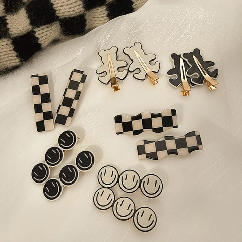 Zwart Wit Schaakbord Acryl Haarspeld Voor Dames Koreaanse Stijl Beer Lach Golf Eendensnavel Clips Haaraccessoires