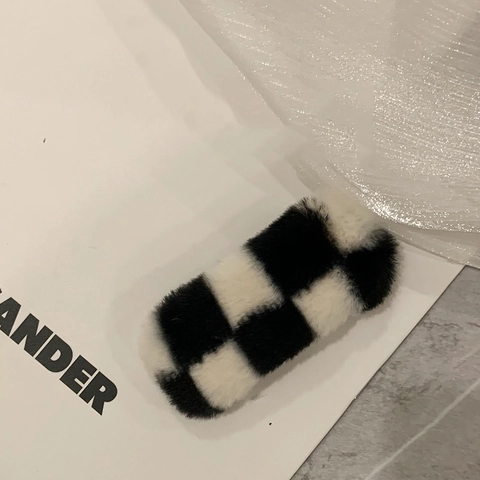 Pinza para el Pelo de Felpa de Tablero de Ajedrez Retro Blanco y Negro Piel Sintética Clip Lateral Rectangular Suave