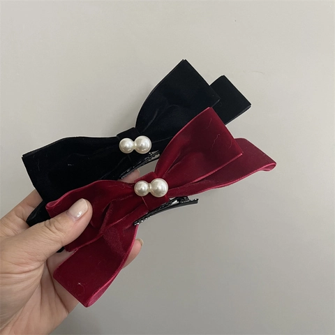 Elegante Fermaglio per Capelli Fiocco in Velluto Con Perla Artificiale Retro Rosso Nero Tessuto Cerchietto Accessori per Donna