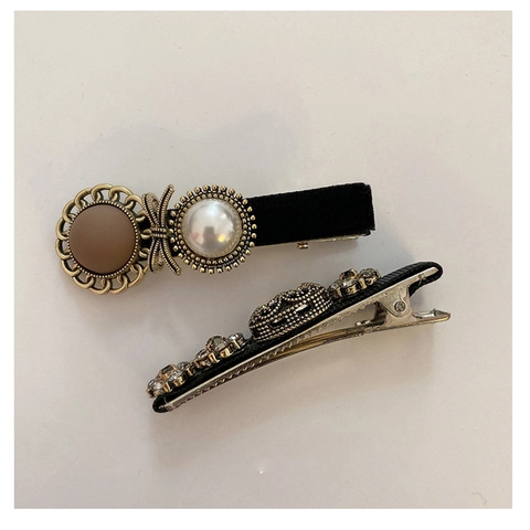 Mollette per Capelli a Becco d'Anatra Stile Palazzo Vintage Künstliche Perle Strass Fiocco Velluto Lega Oro Gioielli Donna