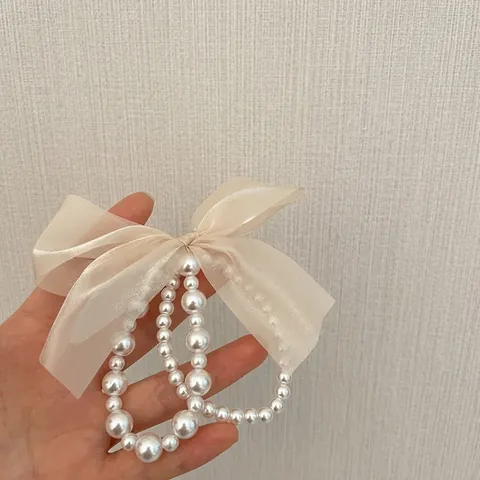 Chouchou Élégant De Style Coréen Avec Nœud En Organza Pour Femmes Vintage Perle Artificielle Double Couche Élastique