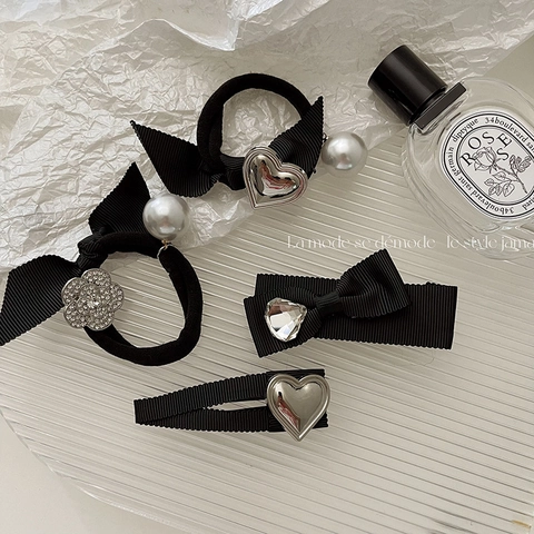 Fermaglio per Capelli con Fiocco in Nastro Nero in Stile Francese Elastico per Capelli con Cuore e Strass Forcine con Perle Artificiali Gioielli Eleganti per Donna