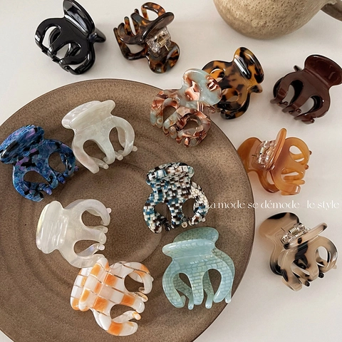 Mini Pinzas para el Cabello de Acetato Vintage Francés Patrón de Damero Mármol Carey Accesorios para el Cabello de Mujer