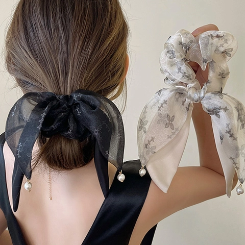 Elegant Bow Ribbon Hair Scrunchie Chiffon Butterfly Print Hair Tie With Artificial Pearl Pendant For Women Korean Style Hair Accessories
