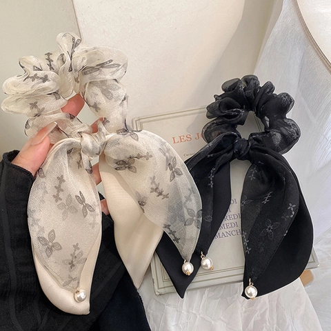 Elegant Bow Ribbon Hair Scrunchie Chiffon Butterfly Print Hair Tie With Artificial Pearl Pendant For Women Korean Style Hair Accessories