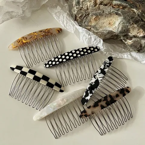 Korean Acetate Hair Comb For Women Checkered Marble Tortoiseshell Pattern Hair Clip Alloy Metal Side Comb Retro Hair Accessories