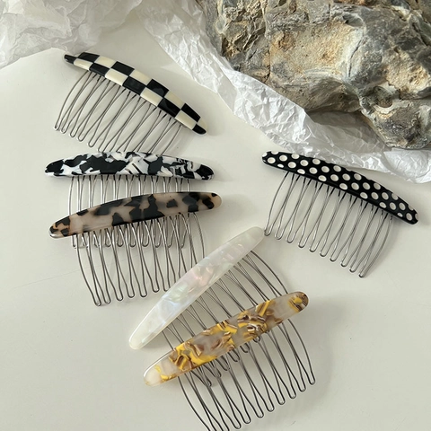 Korean Acetate Hair Comb For Women Checkered Marble Tortoiseshell Pattern Hair Clip Alloy Metal Side Comb Retro Hair Accessories