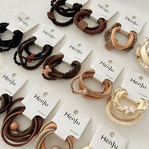 Minimalistische Hochelastische Haargummis Set Für Damen Erdtöne Schleife Runde Perle Dekorative Pferdeschwanz Halter Haarschmuck