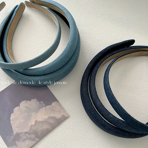 Diadema Acolchada de Textura de Mezclilla Minimalista Color Sólido Esponja Aro para el Cabello Estilo de Copa Alta Accesorio Mujer