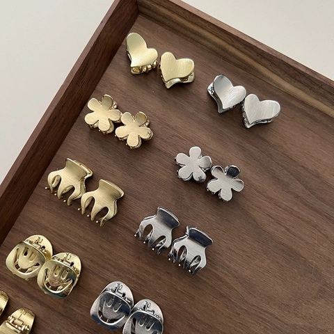 Mini Metal Alloy Hair Claw Clip Gold Silver Brushed Smiley Heart Flower Hairpin Korean Style Fashion Jewelry For Women