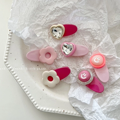 Simpatiche Mollette per Capelli con Cuore Fiore e Faccia Sorridente per Donna Ragazza Stile Coreano Rosa Plastica Lega Strass Accessori Capelli